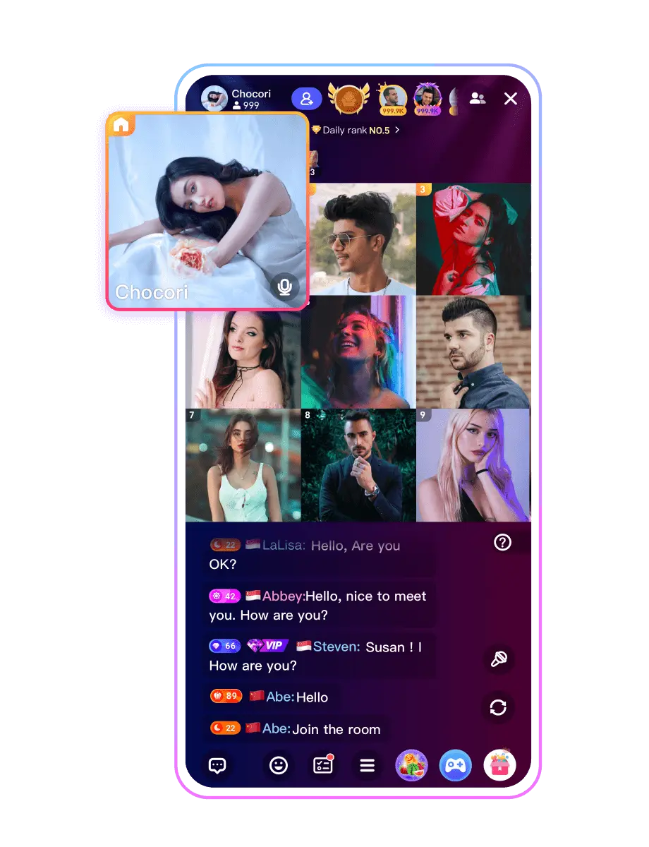 Poppo Live agency party room with multi-host grid and live chat