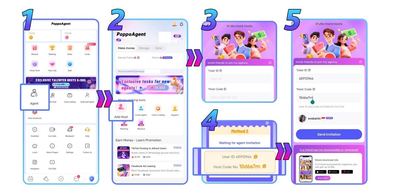 Poppo Live Tutorial Invite New Host as Agent - Step 1 to 5