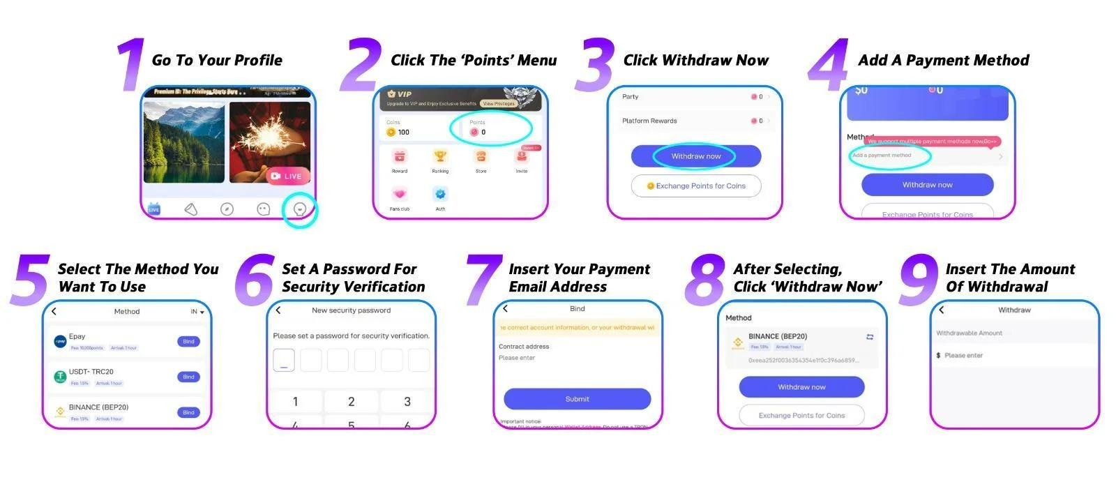 Poppo Live withdrawal walkthrough screens showing points balance and payment options